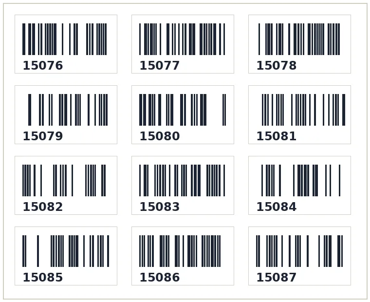 Printed sheet of sequential Code 128 barcode labels with SKU numbers for reselling stock